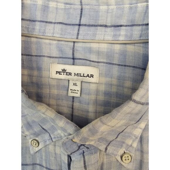 Peter Millar Linen Sport Shirt Men's XL Plaid Crown Sport Button Up Blue - Picture 9 of 13